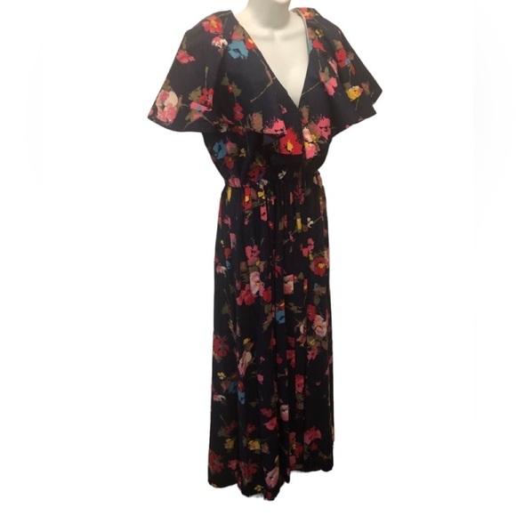 VTG 80’s Deep V Navy Floral Maxi Dress 12/14 Flowy Sleeve Collar Elastic Waist - Picture 1 of 8